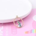 Golden round rabbit charm with green enamel and pearl for DIY jewelry making - Bean Green