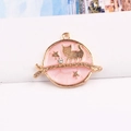 Pink enamel cat on branch alloy charm with gold starry details and clear rhinestone accent - Pink