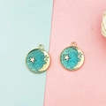 Detail of round star and crescent moon enamel alloy charms with gold metal edges - Blue Starry Sky (Gold Metal)