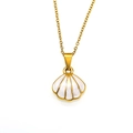 Detail of a gold scallop pendant necklace with white enamel inlay and fine metal chain - Gold White Enamel