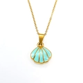 Detailed close-up of a gold-plated shell pendant with light blue enamel on a chain - Gold Blue Enamel