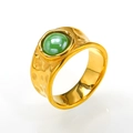 Vintage hammered gold stainless steel wide ring with round green stone inlay - Gold Green