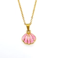 Elegant gold titanium steel necklace with pink enamel scallop shell pendant for women - Gold Pink Enamel