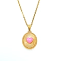 Vintage 18K gold plated necklace with a pink rose heart pendant on a sunburst disk - Gold Pink Enamel