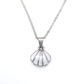Detailed close-up of a silver scallop shell pendant with white enamel on a link chain - Silver-toned White Enamel