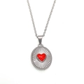 Vintage titanium steel 18K gold plated oval necklace with a 3D red heart pendant - Silver & Red Enamel