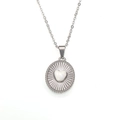 Detail of vintage 18K gold plated steel necklace with 3D heart and radial textured pendant - Silver-toned White Enamel