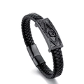 Herren Armband aus schwarzem Ledergeflecht mit schwarzem Freimaurer-Stahlsymbol - Schwarz