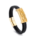 Schwarzes geflochtenes Lederarmband für Herren mit goldenem Freimaurer-Logo-Anhänger - Gold