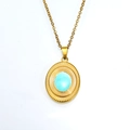 Elegant gold titanium necklace with a sunburst-textured oval turquoise pendant - Gold Pale Blue Enamel