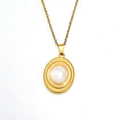 Luxury gold titanium steel necklace featuring a radial sunburst oval pendant for women - Gold White Enamel