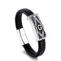 Herren Armband aus geflochtenem schwarzem Leder mit Freimaurer-Stahlschließe - Silber