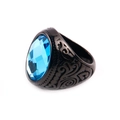 Macro detail of men's titanium steel ring with blue oval gemstone and ethnic engraving - US 7 / Black Base Aqua Blue Gemstone