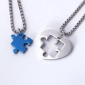 Couples heart and puzzle piece pendant necklace set in polished stainless steel - Blue Pendant Set