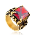 Retro viking warrior ring in gold steel with a large emerald-cut red zircon gemstone - Size 7 / Gold Red Zirconia