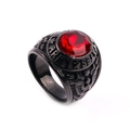 Vintage black US Army ring featuring a round red faceted gemstone and eagle relief - US 7 / Black Red Rhinestone
