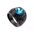 Vintage black stainless steel army ring featuring a large round blue sapphire stone - US 7 / Black Color with Teal Blue Rhinestone
