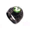 Vintage black titanium army ring featuring a large faceted green stone and eagle relief - US 7 / Black Color with Lake Green Rhinestone