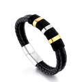 Herren Armband aus doppelt geflochtenem schwarzem Leder mit Gold- und Silberringen - Zweifarbig Gold Stil