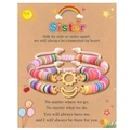 Detail of two handmade woven sister bracelets with gold sun and moon charms on card - Besties Multicolor Gold Style (B00751)