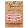 Bracelets d'amitié en perles Heishi roses avec nœud tissé sur une carte de vœux cadeau - Serment du Petit Doigt Rose