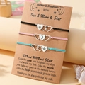Three-piece stainless steel heart bracelet set with sun moon and star charms on card - Mother Daughter Heart Style (B00536) / Set of 3 / Multicolor