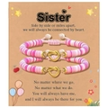 Roze en witte kleikralen armbanden met gouden hartknopen op een Sister-cadeaukaart - Zus / Roze Goud
