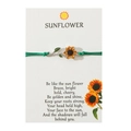 Macro detail of handmade sunflower braided rope bracelet on a white display card - Green Cord-Gold Leaf