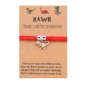 Handmade red woven dinosaur bracelet with heart beads on a RAWR theme gift card - Red (B00421)