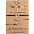 Close-up of three black braided friendship bracelets with silver heart charms on a card - Steel (B00737 Triple Set)