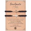 Macro detail of braided couple bracelets with silver cross charm on Soulmate gift card - Soulmate Theme (Black)