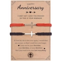 Close-up of cross charm woven couple bracelets on a vintage sentiment gift card - Anniversary Theme (Black & Red)