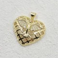 Detailed view of heart-shaped gold pendant featuring a bird with micro-pave zircons - Hollow Heart Peace Dove Pendant