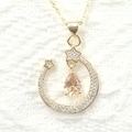 Elegant gold crescent moon and star necklace with champagne pear-shaped gemstone and zircons - Orange Water Drop Style