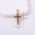Detailed view of gold-plated cross pendant with blue inlay and sparkling zircon border - Dark Blue Opal Effect Inlaid Cross / Mocha Brown