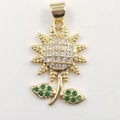Elegant gold sunflower necklace pendant with sparkling white zircons and green leaf stones - Sunflower Pendant Only (Without Chain)