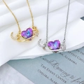 Star and Moon Saturn Heart Pendant Necklace with gradient crystal in gold and silver - Heart Planet Pendant Purple