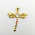 Golden dragonfly pendant necklace with multi-colored cubic zirconia stones on wings - Gold (DL0036)