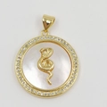 Golden zodiac snake pendant with white shell inlay and sparkling zircon border - Round Cobra Pendant