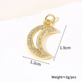 Detailed size chart of gold moon pendant with zircons showing 1.9cm height and 1.2cm width - Pendant Only / Moon