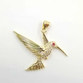 Golden hummingbird pendant charm with white zircon pavé and red gemstone eye detail - Hummingbird Style (YB0109) / Gold (YB0109)