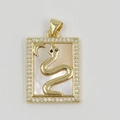 Rectangle golden snake pendant with white shell inlay and sparkling crystals - Rectangular Moon Snake Pendant