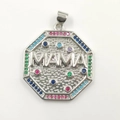 Silver octagonal MAMA necklace pendant with colorful zircon stones and polished finish - Silver MAMA Tag Pendant
