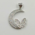 Silver crescent moon and butterfly pendant with sparkling cubic zirconia pavé finish - Full Rhinestone Moon Butterfly Pendant (YB0005 Silver)