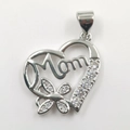Silver heart pendant with Mom lettering, butterfly detail and white zircon stones - Silver Heart Butterfly MAMA Pendant
