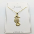 Golden seahorse pendant necklace with sparkling rhinestones on fine cross chain link - Small Seahorse Pendant with Chain and Packaging