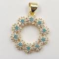 Gold pendant with turquoise floral clusters and white zircon accents for women - Golden Round Flower Pendant Only (Without Chain)