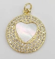 Close-up of golden circular pendant with heart-shaped mother of pearl and CZ stones - Round Circle Heart Design (6086130910316)