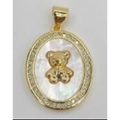 Golden oval pendant featuring a 3D bear on white mother of pearl with zircon stones - Oval Bear Design (5928376009059)