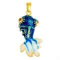 Macro detail of Y2K koi fish pendant with blue enamel, orange gems and gold textures - Enameled Goldfish Blue